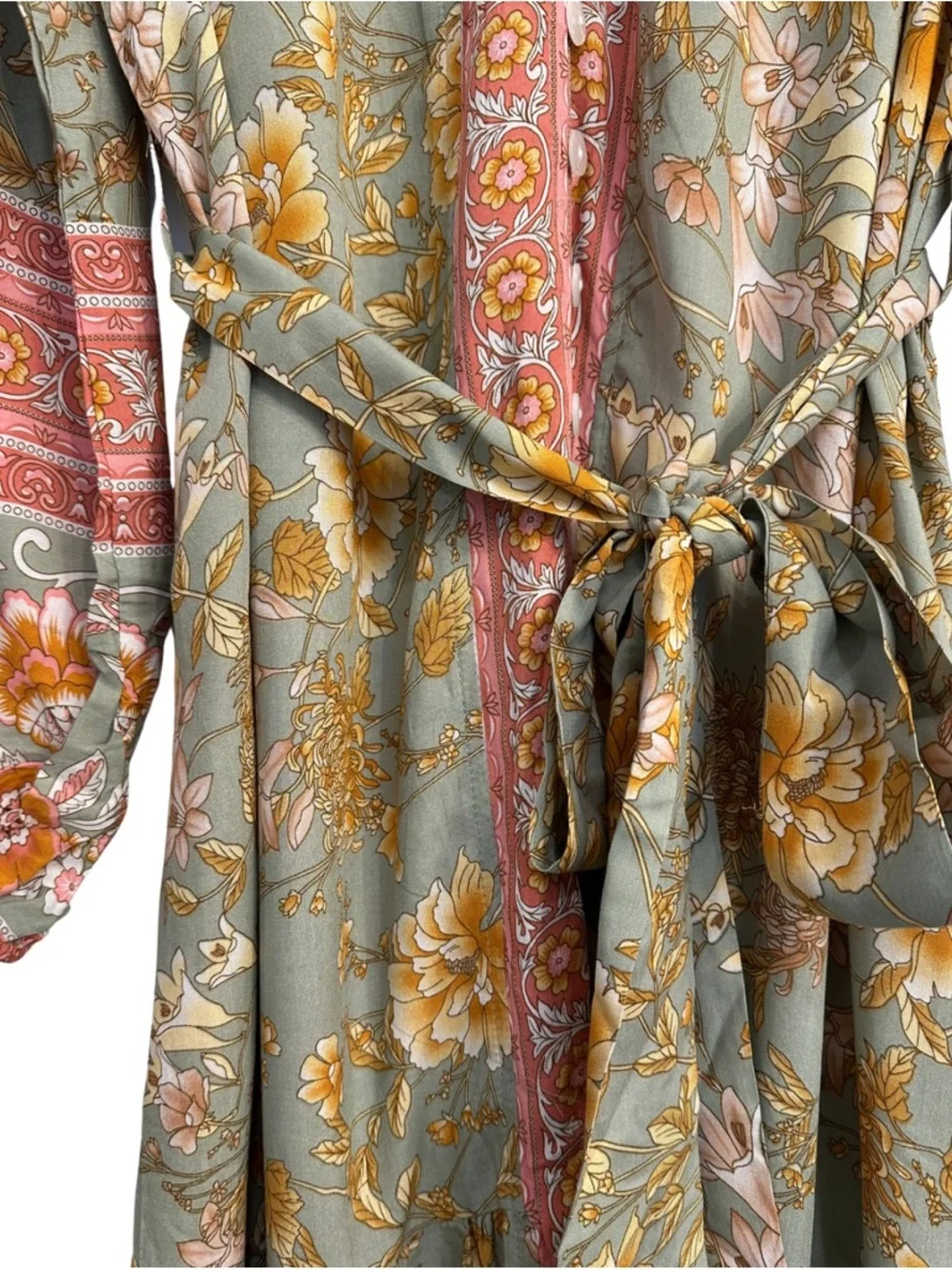 Boho Floral Midi Dress Sage Green Pink Border Print Button Front Size M NWT - Picture 11 of 15